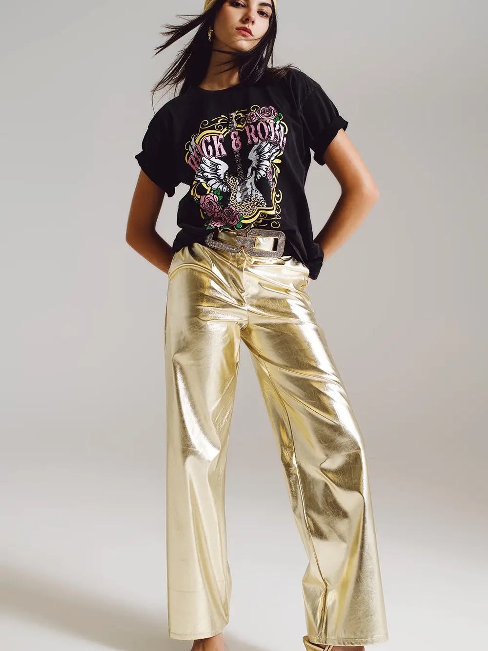 Metallic Straight Leg Pants in Gold | Zaina's Boutique